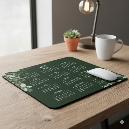 2026 Elegant Dark Green Eukalyptus Desk Calendar Mousepad