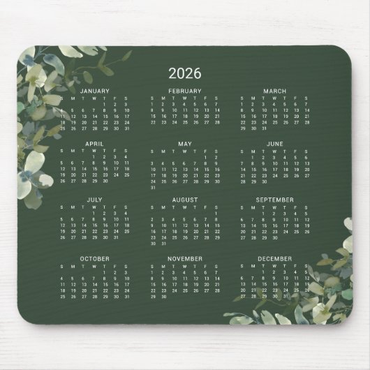 2026 Elegant Dark Green Eukalyptus Desk Calendar Mousepad (Vorne)