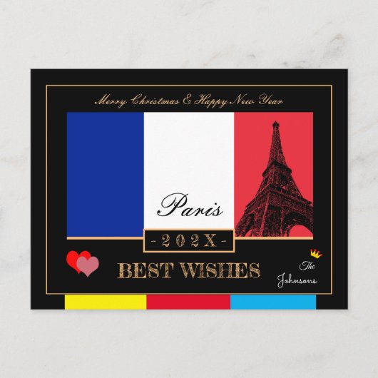 2026 Französisch-Flagge & Eiffel-Happy New Year, F Postkarte (Vorderseite)