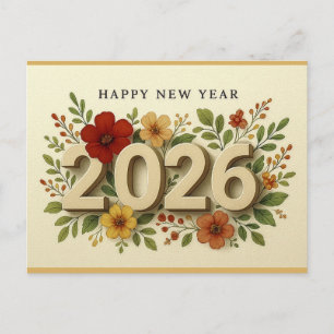 2026 Frohes Neues Jahr Elegant Moderne Blumen Postkarte