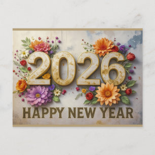 2026 Frohes Neues Jahr Elegant Moderne Blumen Postkarte