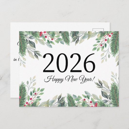 2026 Frohes neues Jahr, Feriengrün rote Beeren Postkarte (Vorne/Hinten)