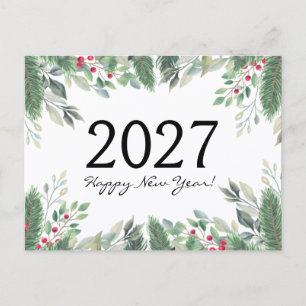2026 Frohes neues Jahr, Feriengrün rote Beeren Postkarte