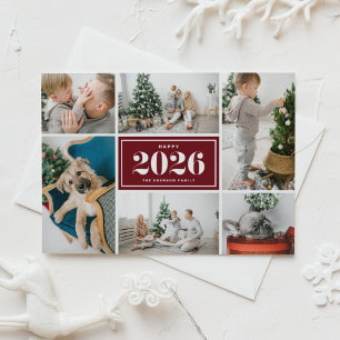 2026 Frohes Neues Jahr Foto-Collage Burgunderrot Feiertagspostkarte