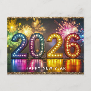 2026 Frohes Neues Jahr Moderne Feuerwerk Glitter Postkarte
