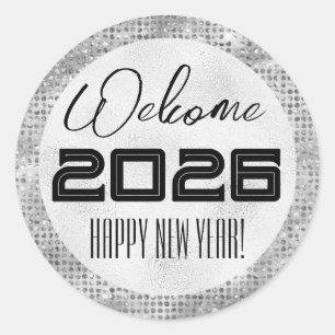 2026 Frohes neues Jahr Schwarz & Silberdiamanten Runder Aufkleber