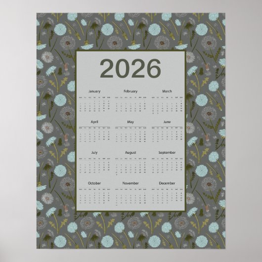 2026 Full Year Calendar Gray Blue Dandelion Poster (Vorne)