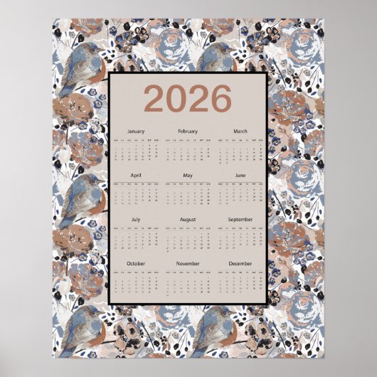 2026 Full Year Floral Bluebird Calendar Poster (Vorne)