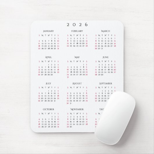 2026 Full Year Yearly Calendar Elegant Home Office Mousepad (Mit Mouse)