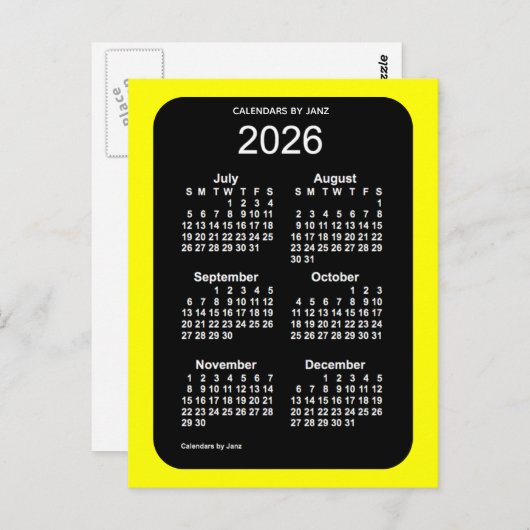 2026 Gelbe Neon 6 Monate Mini-Kalender von Janz Postkarte (Vorne/Hinten)