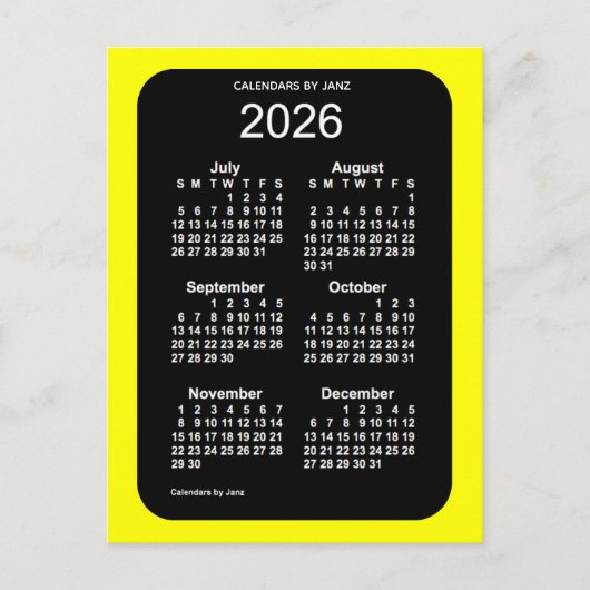 2026 Gelbe Neon 6 Monate Mini-Kalender von Janz Postkarte (Vorderseite)