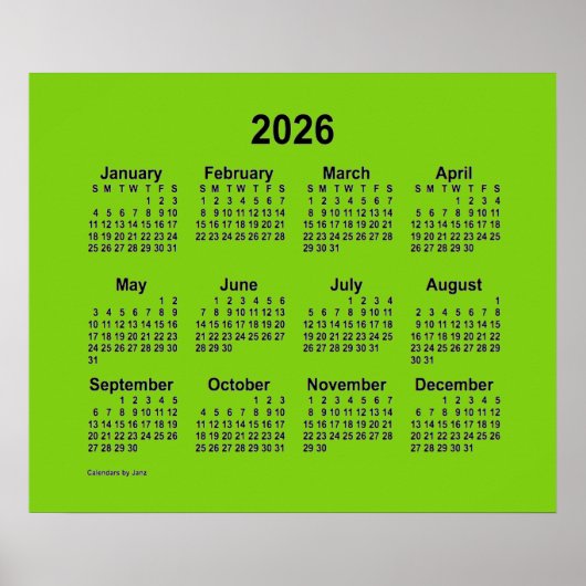 2026 Gelber grüner Kalender von Janz Print Poster (Vorne)