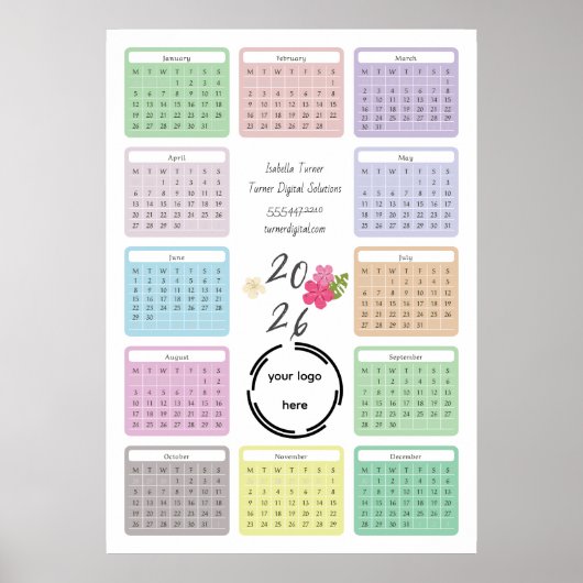 2026 Geschäftskalender mit Ihrem Logo, farbenfroh  Poster (Vorne)