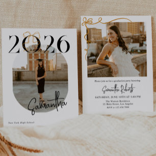 2026 Gold Coquette Bogen Foto-Abschlussfeier Einladung