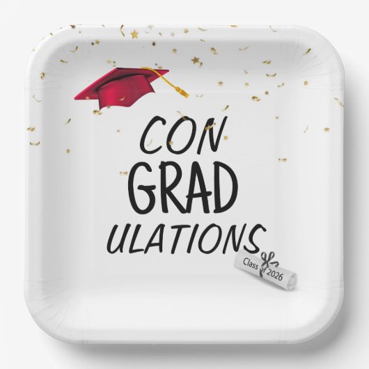 2026 Graduation Gold Confetti and Red Cap Pappteller (Vorderseite)