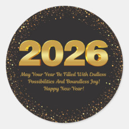 2026 happy new year, black gold glitters modern runder aufkleber