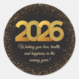 2026 happy new year, black gold glitters modern  runder aufkleber