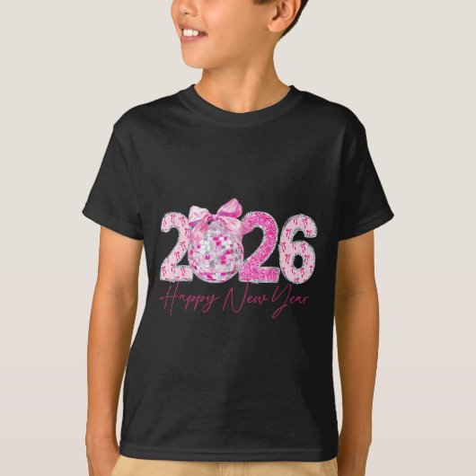2026 Happy New Year Bow Patch Disco Ball T-Shirt (Vorderseite)