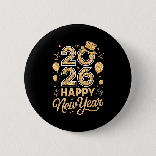 2026 Happy New Year Festive Top Hat Balloon Firewo Button (Vorderseite)