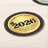 2026 happy new year, gold black sparkles chic runder pappuntersetzer (Angewinkelt)
