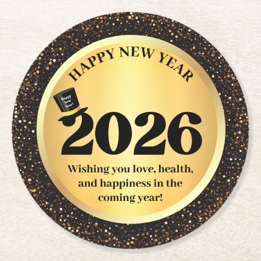 2026 happy new year, gold black sparkles chic runder pappuntersetzer (Vorderseite)