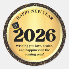 2026 happy new year, gold black sparkles  runder aufkleber