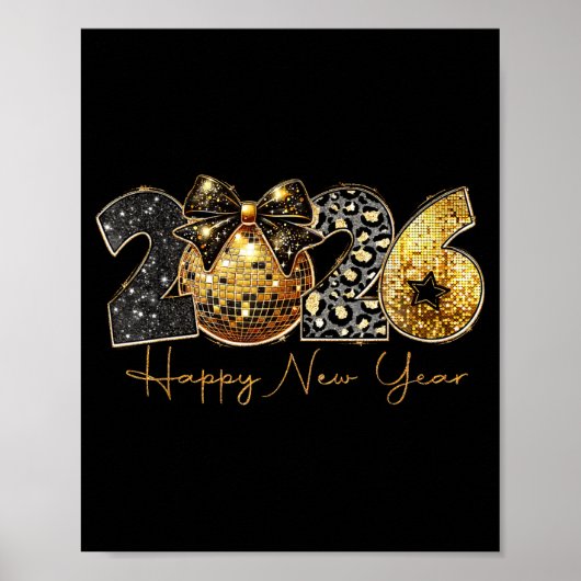 2026 Happy New Year Gold Disco Leopard Bow Coquett Poster (Vorne)