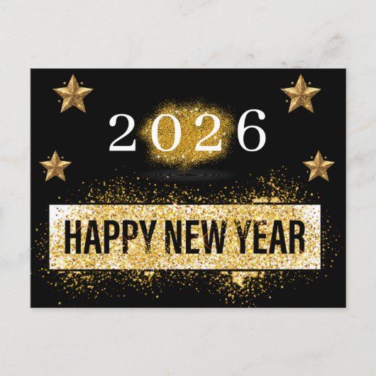 2026, Happy New Year ! Gold Glitzer Stars Postkarte (Vorderseite)