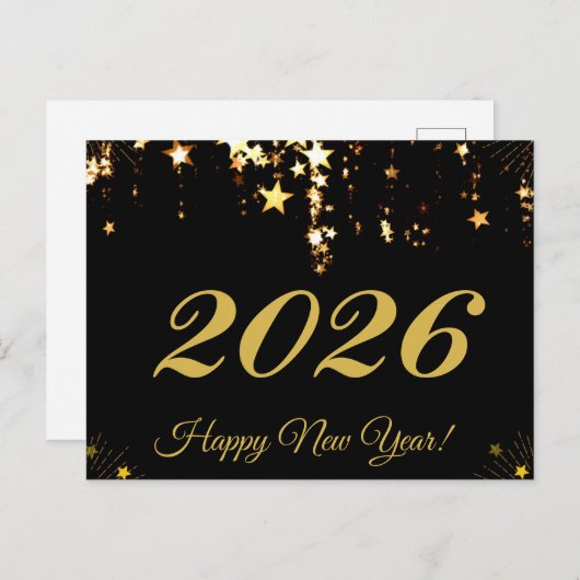 2026,Happy new year!goldene Sterne & schwarzer Hin Postkarte (Vorne/Hinten)