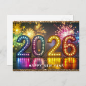 2026 Happy New Year Modern Fireworks Glitter Postkarte (Vorne/Hinten)