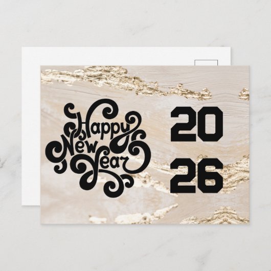 2026,Happy new year!Modernes Schwarz und Gold Postkarte (Vorne/Hinten)