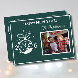 2026 Happy New Year's 4 Photo Clock Card Einladung