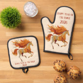 2026 Happy Year of the Horse Design Ofenhandschuh & Topflappen-Set (Oben Unten)