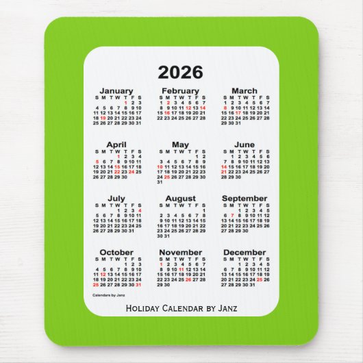 2026 Holiday Yellow Green Calendar von Janz Mousepad (Vorne)