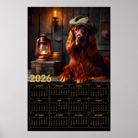2026 Irischer Setter in grüner Baskenmütze rustika Poster (Vorne)
