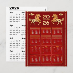 2026 Jahr des Pferdes Chinesischer Wandkalender Feiertagspostkarte