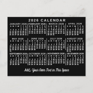2026 Jahres-Monats-Kalender Klassisch Schwarz und  Postkarte