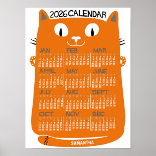 2026 Jahres-Monatskalender Mid-Century Orange Katz Poster
