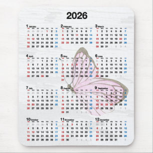 2026 Jahreskalender und rosa Schmetterling Mousepad