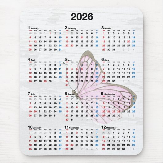 2026 Jahreskalender und rosa Schmetterling  Mousepad (Vorne)
