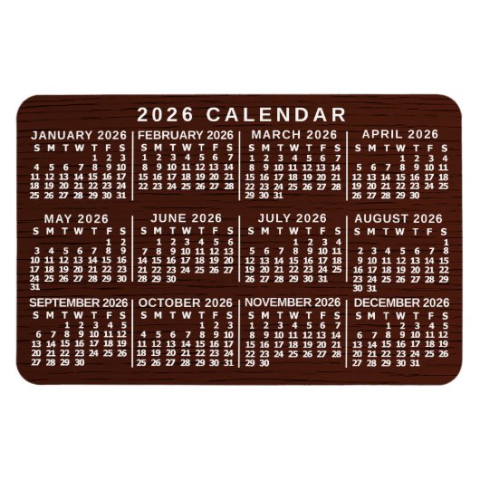 2026 Jahresmonatskalender Braunes Holzstruktur Ein Magnet (Horizontal)