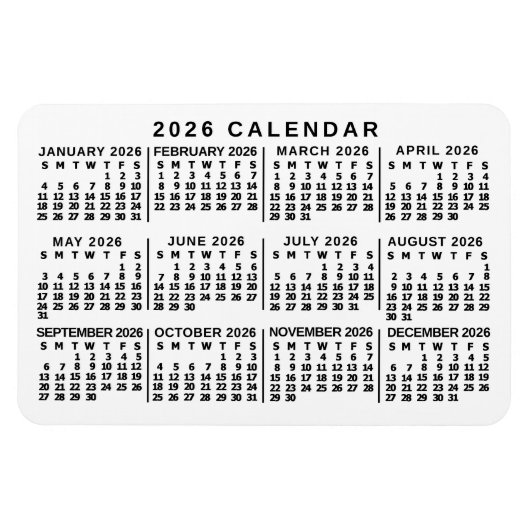 2026 Jahresmonatskalender Klassisch Weiß und Schwa Magnet (Horizontal)