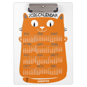 2026 Jahresmonatskalender Mid-Century Orange Katze Klemmbrett