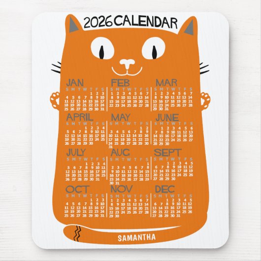 2026 Jahresmonatskalender Mid-Century Orange Katze Mousepad (Vorne)