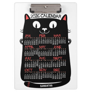 2026 Jahresmonatskalender Mid-Century Schwarze Kat Klemmbrett