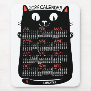 2026 Jahresmonatskalender Mid-Century Schwarze Kat Mousepad