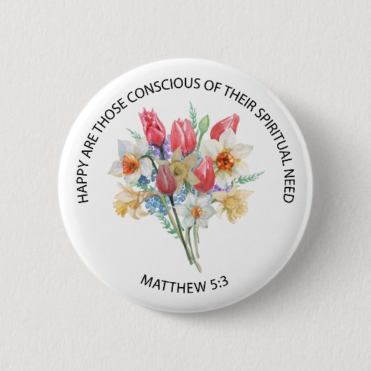2026 JW-Jahres-Text Matthäus 5v3 Frühlingsblumen Button (Vorderseite)