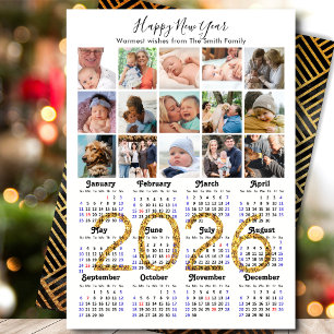 2026 Kalender 15 Foto Collage Gold Glitzer Feiertagskarte