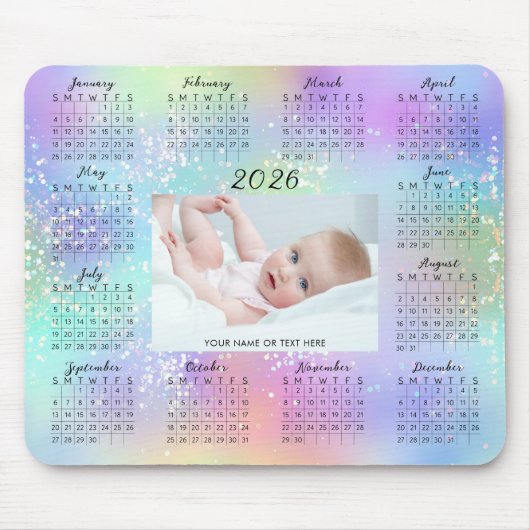 2026 Kalender 1 Foto Rainbow Glitzer Script Mousepad (Vorne)