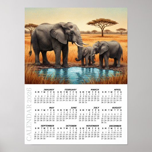 2026 Kalender, Afrikanische Elefanten, Safari, Afr Poster (Vorne)